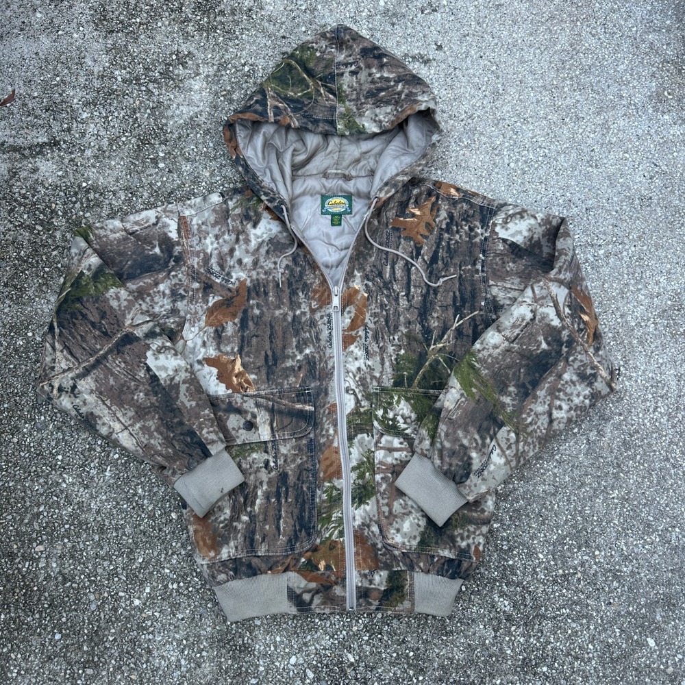 Cabelas Zonz Woodlands Camo Hooded Jacket Quilted Lining Brown Green Small
